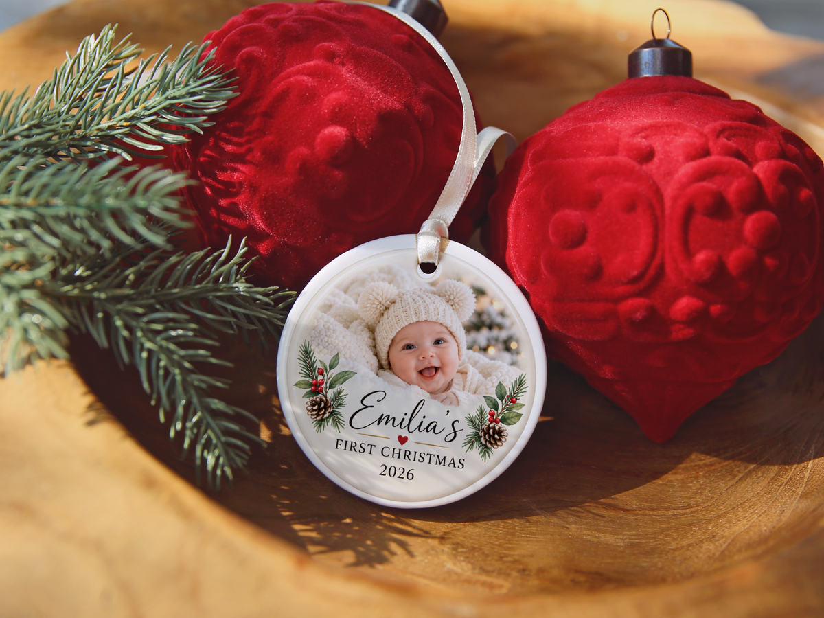 Baby's First Christmas Ornament 2026, Custom Baby Photo; personalized name and year