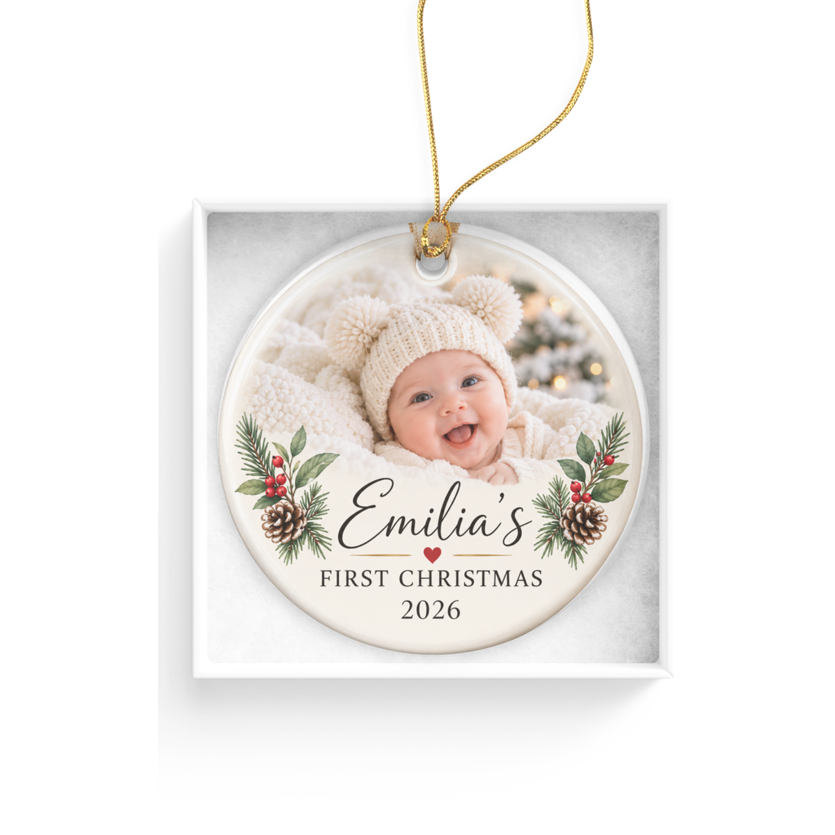 Baby's First Christmas Ornament 2026, Custom Baby Photo; personalized name and year