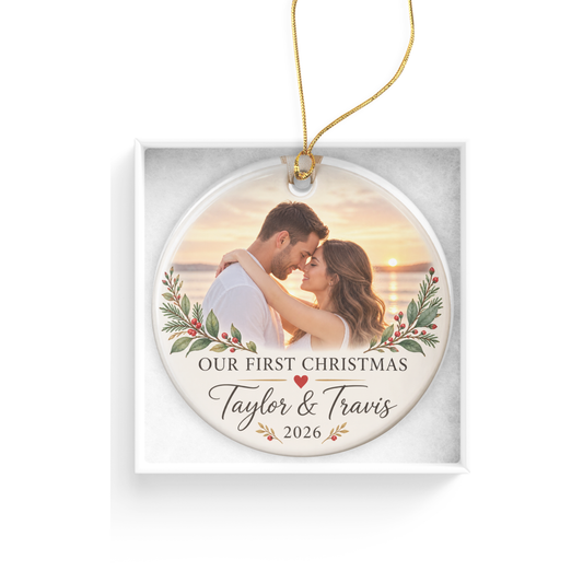 Personalized Our First Christmas Ornament 2026, Custom Couple Photo Ceramic Ornament
